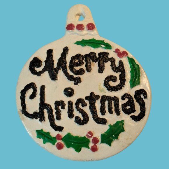Merry Christmas Ornament Rustic Primitive Handcrafted Ceramic Holly - Picture 1 of 3